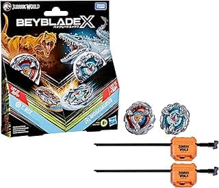 Beyblade X Jurassic World x Beyblade Collab T. Rex vs. Mosasaurus Set, 2 Takara Tomy Tops, 2 Launchers, Battling Top Game, Dinosaur Toys, Ages 8+